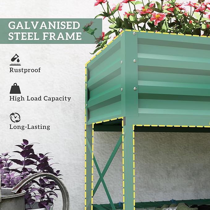 Outsunny Raised Garden Bed with Galvanized Steel Frame, Storage Shelf and Bed Liner, Elevated Planter Box with Legs for Vegetables, Flowers, Herbs, Green