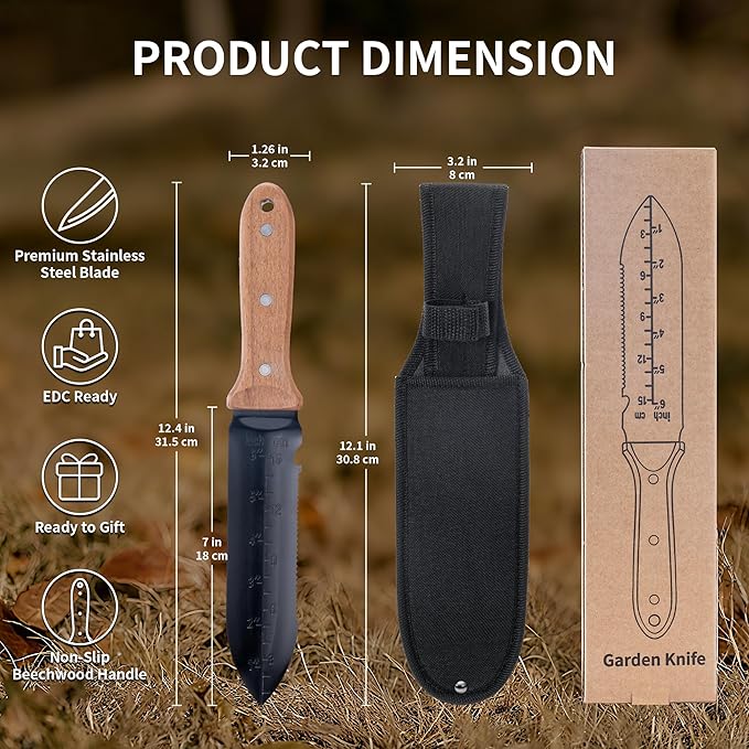 YANG Hori Hori Garden Knife, 7" Stainless Steel Gardening Knife with Oxford Cloth Sheath, Full Tang Beechwood Handle Garden Tool for Digging, Planting & Weeding, Pointed Tip for Hard Soil