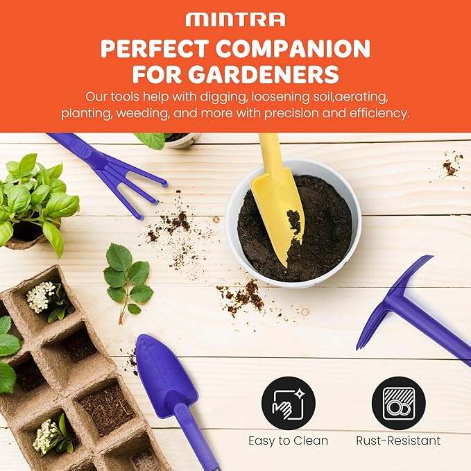 Mintra Garden Tool Set, 4-Piece Heavy Duty Gardening Tools, Includes Cultivator, Trowel, Shovel & Rake, Durable Poly Material & Non-Slip Handle, Planting, Potting, Yard Work, Landscaping – Teal