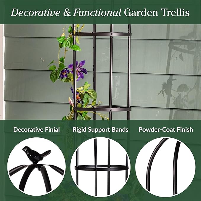 Evergreen Metal Garden Obelisk Trellis for Climbing Plants Outdoor, Indoor Plant Trellis for Potted Plants, Floral Pattern Arch Trellis (Black, 7 ft. Round, Set of 2)
