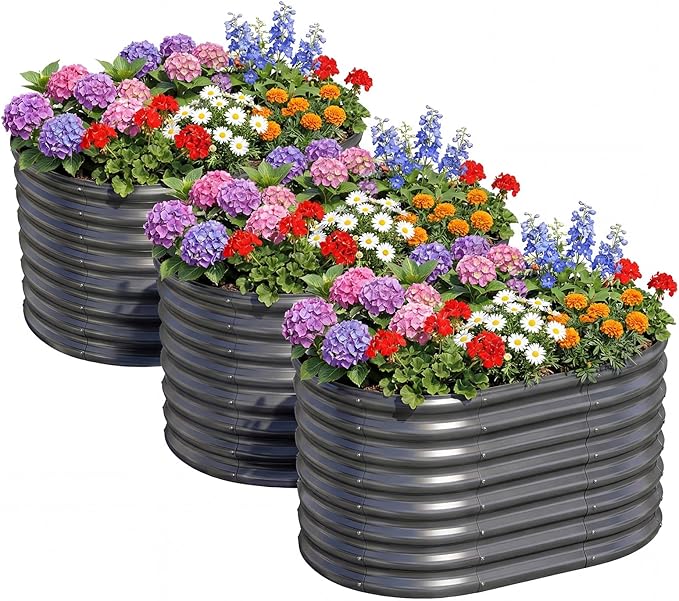 AHEONLAR 3PCS 3x2x2ft Galvanized Raised Garden Beds Outdoor, Oval Raised Beds for Gardening Metal Planter Boxes for Planting Vegetables, Fruit, Herb, Gray