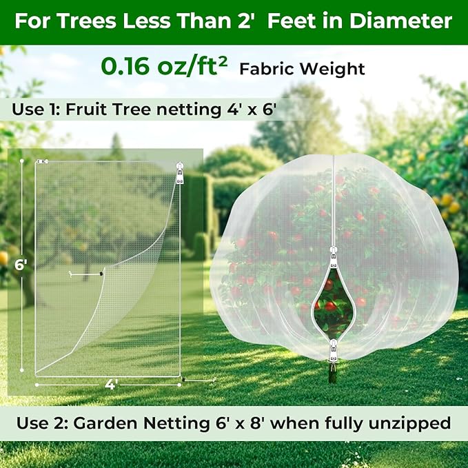 Fruit Tree Netting with 2-Way Zipper & Drawstring - 4'x6' Garden Plant Net Pest Barrier to Prevent Cicadas Bird Squirrel Deer - Bug Protection for Blueberry Tomato with Fine Mesh Insect Cover (4 Pack)