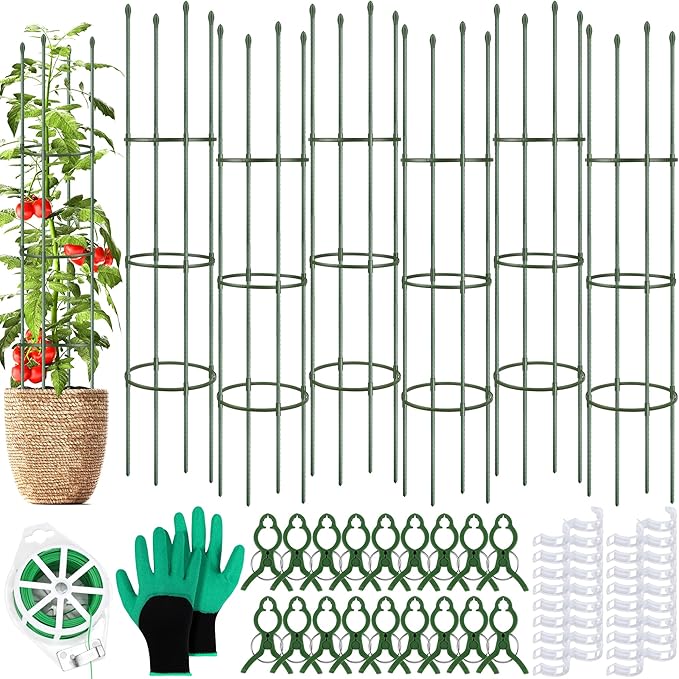 6 Pack Tomato Cages for Garden Plant Support 64 Inches Tall Garden Trellis Plant Stakes for Indoor Outdoor Plants Climbing Plants Vegetable Fruit Crop Flower Vine, Green