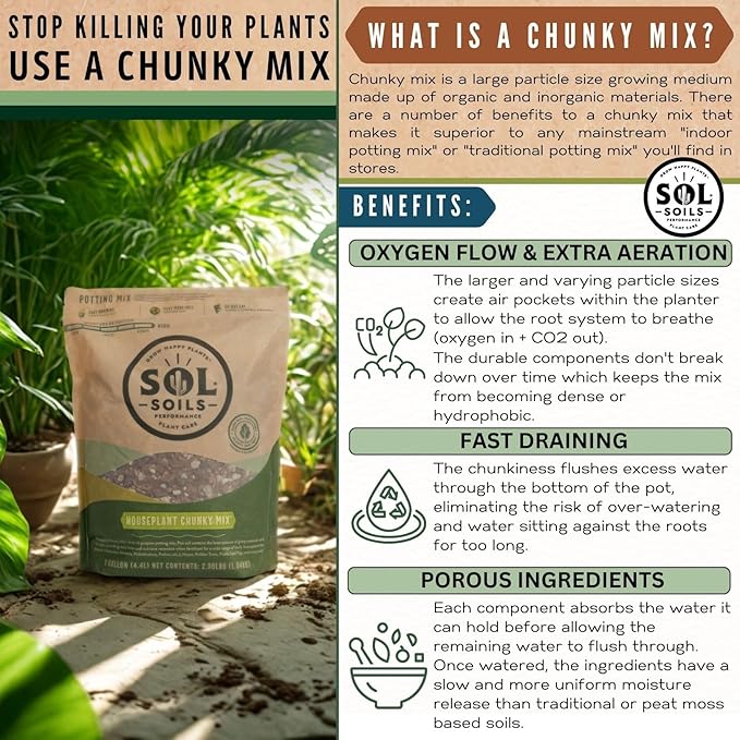 Sol Soils Chunky Houseplant Mix - Fast Draining Soil for Indoor Plants with Coco Coir Chips, Perlite, & Pumice - 1 Quart