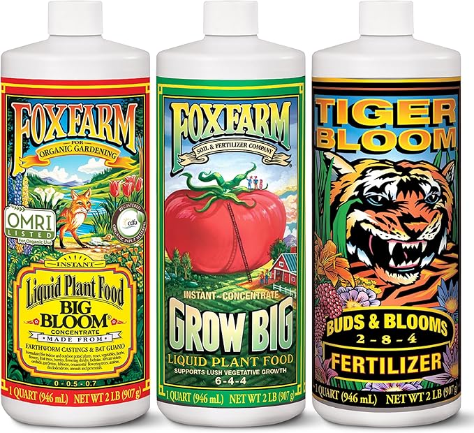FoxFarm Soil Liquid Trio Pack - Big Bloom, Grow Big, Tiger Bloom Fertilizers for Vigorous Plant Growth, Bud Development & Abundant Fruit - Complete Liquid Plant Food Set - 3 Quart Bottles