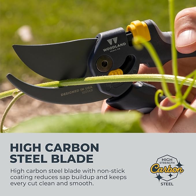 Woodland Tools Co. Heavy Duty Bypass Pruning Shears – 5/8" Cut Capacity, High Carbon Steel Blade, Internal Spring, Adjustable Grip Slider, Garden Hand Pruner for Plants, Shrubs, and Live Stems
