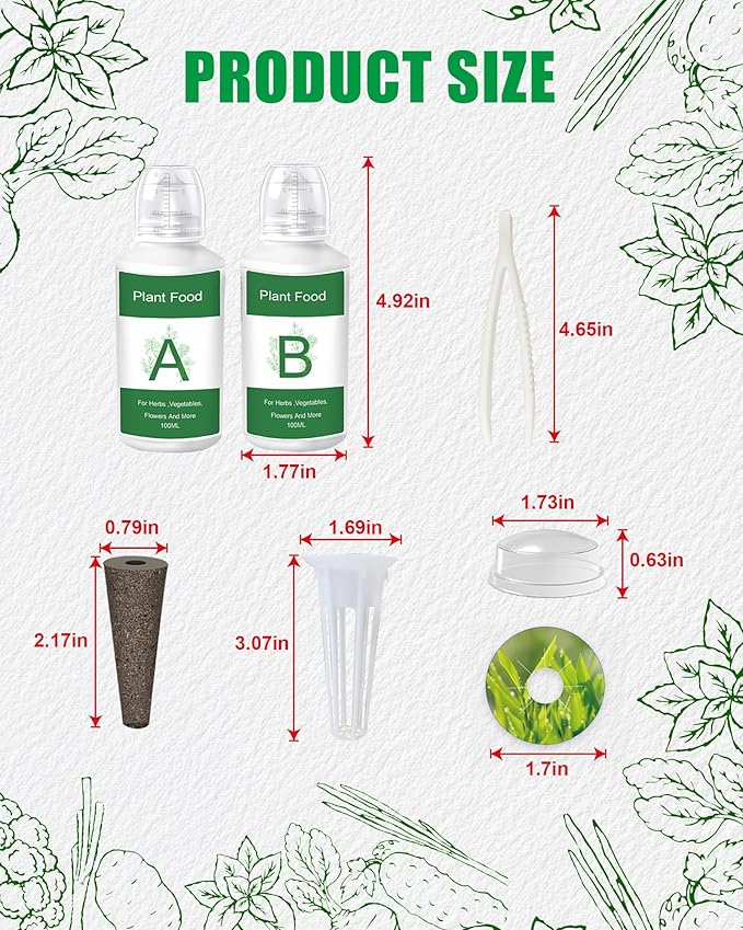51Pcs Hydroponic Pods Kit：Supplies for Aerogarden Pods,12 Grow Sponges,12 Grow Baskets,12 Pod Labels,12 Grow Domes,with 200ml Plant Food Nutrient,1 Tweezers - Hydroponics Supplies for Most Brand