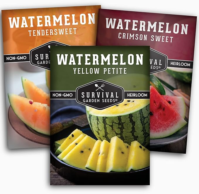 Tri-Color Watermelon Seeds for Planting – Heirloom Variety Pack: Crimson Sweet, Yellow Petite, & Tendersweet Orange – 3-Variety Watermelon Collection by Survival Garden Seeds