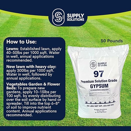 Supply Solutions Premium 97 Solution Grade Gypsum - Fast Acting Gypsum for Soil - Organic Calcium Sulfate Dihydrate - Gypsum Powder for Root Growth, Lawns, Mushroom Cultivation (50lbs)