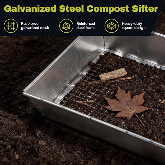 3-Pack Galvanized Iron Compost Sifter Set, 17" x 13" Soil Sifter Pan with 1/8", 1/4", 3/8" Mesh, Heavy Duty Metal Garden Sieve for Sifting Rocks, Soil, Compost and Potting Mix
