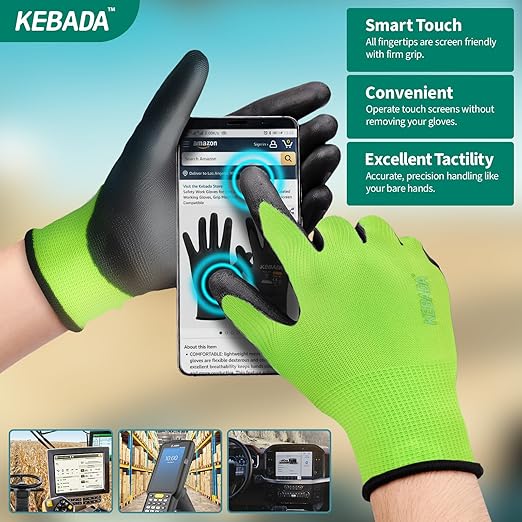 Kebada W1 Work Gloves for Men and Women, PU Coated Safety Gloves with Grip, Touchscreen, Ideal for Warehouse Package Handling, Construction, Gardening, Green XL