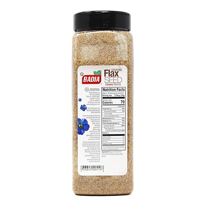 Badia Organic Ground Flax Seed, 16 oz - Superfood High in Fiber & Omega-3, Certified Organic, Non-GMO, Baking, Smoothies & Cooking (Pack of 2)
