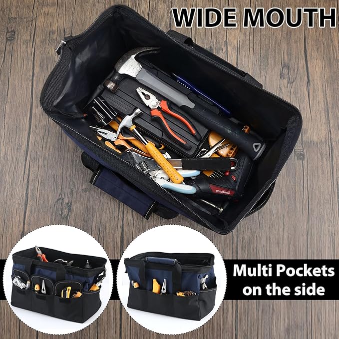 Sanwuta 3 Pack Tool Bag for Men with Waterproof Hard Bottom, Heavy Duty Tool Bag Wide Mouth Tote for Various Instrument, Electrician Carpenter Mechanic (Blue, Red, Yellow,16 Inch,Side Pockets)