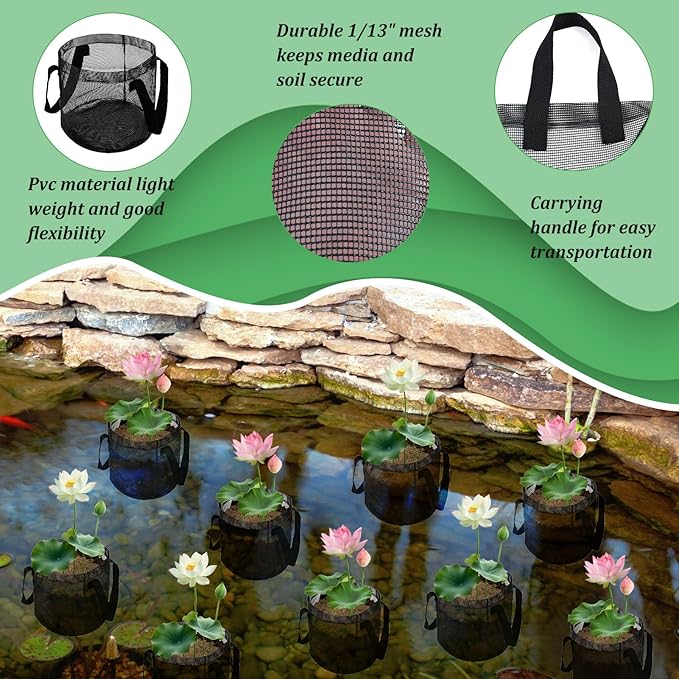 6PCS Mesh Aquatic Pond Plant Baskets, 2 Gallon Round Pond Planting Bags Aquatics Planter Pot Water Lily Growing Container with Handles for Lotus Bog Plant Garden Terrestrial Plants, 7.9" H x 7.9" Dia