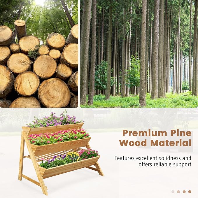 3-Tier Raised Garden Bed, Elevated Gardening Bed w/2 Side Hooks, Storage Shelf, Bed Liner, Garden Planter for Flowers, Vegetables, Herbs, Pine Wood Planter Box for Patio, Balcony, Porch