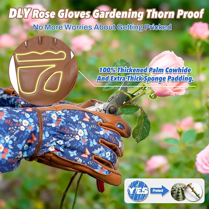 DLY Gardening Gloves for Women, Rose Gloves Thorn Proof, Long Garden Gloves for Women, Breathable Cowhide (X-Large, Brown)