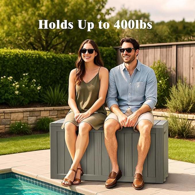 75 Gallon Outdoor Storage Box, Waterproof Deck Box with Handles and Lockable Lid, Resin Patio Storage Box with Hydraulic Rods for Garden Tools, Cushions, Grey