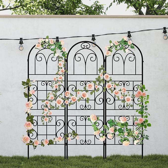 Garden Trellis for Climbing Plants, 3 Pack 38" Wx 64.6" H Rustproof Flower Trellis with Black Coating, Outdoor Climbing Rose Trellis Cucumbers Support for Courtyards Lawns (Curved Shape, 3 Pieces)