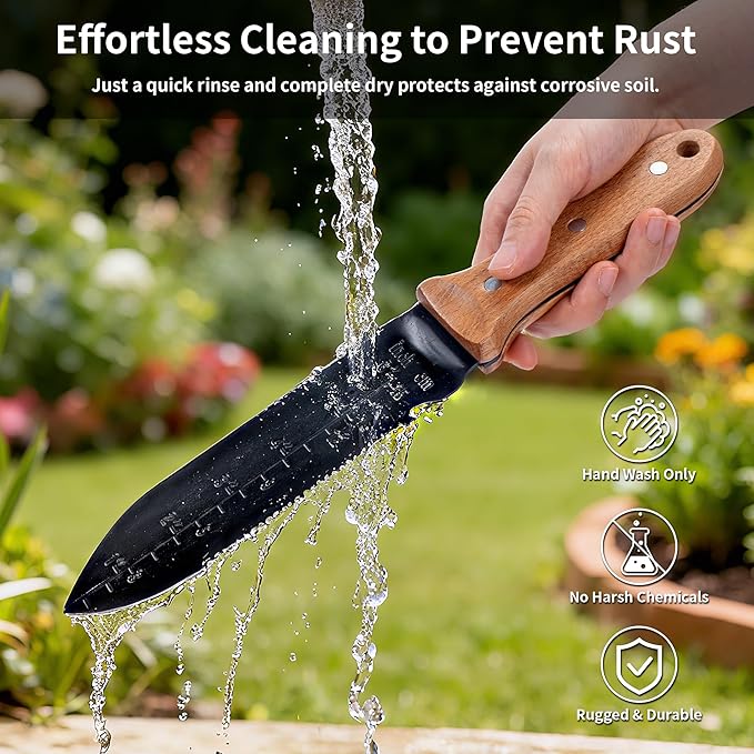 YANG Hori Hori Garden Knife, 7" Stainless Steel Gardening Knife with Oxford Cloth Sheath, Full Tang Beechwood Handle Garden Tool for Digging, Planting & Weeding, Pointed Tip for Hard Soil
