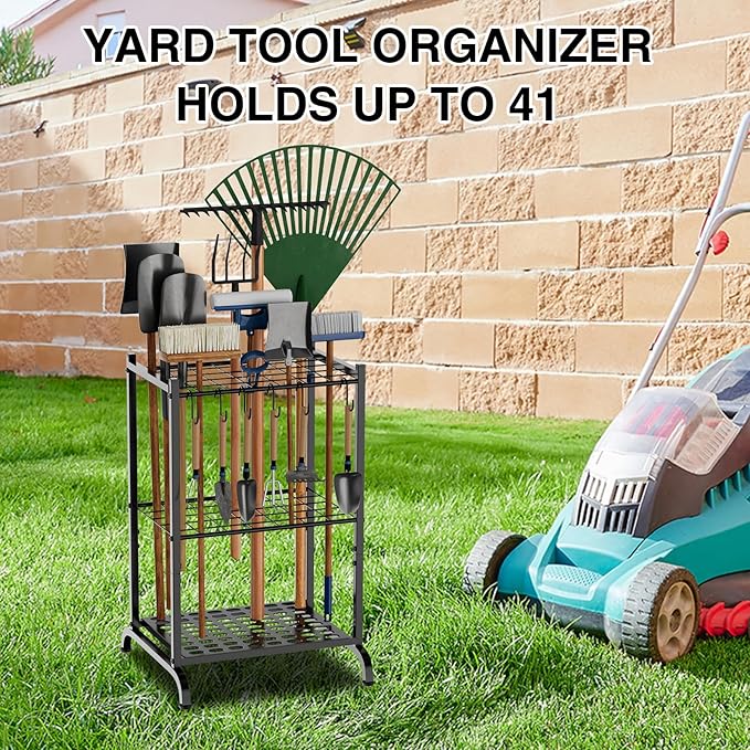 Garden Tool Organizer with Storage Hooks, Yard Tool Tower Rack for Garage Organization and Storage, Up to 35 Long-Handled Tools, Metal Tool Holder with 6 Hooks, Black