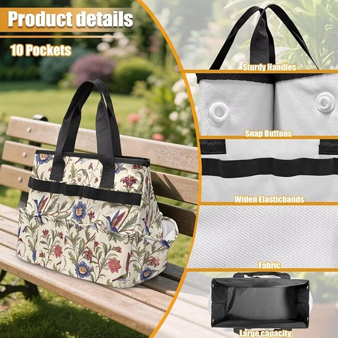 Hummingbird Flower Garden Tool Bag Portable Gardening Tool Organizer Bag with 10 Pockets and Handle Tool Carrier and Storage for Garden Lawn Yard Casual Camp