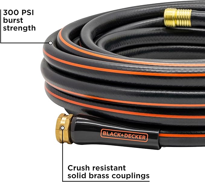 Black + Decker® Medium Duty Garden Hose – 5/8 in x 50 ft, 4-Ply Construction, 300 PSI, Solid Brass Couplings BXMHBB22178