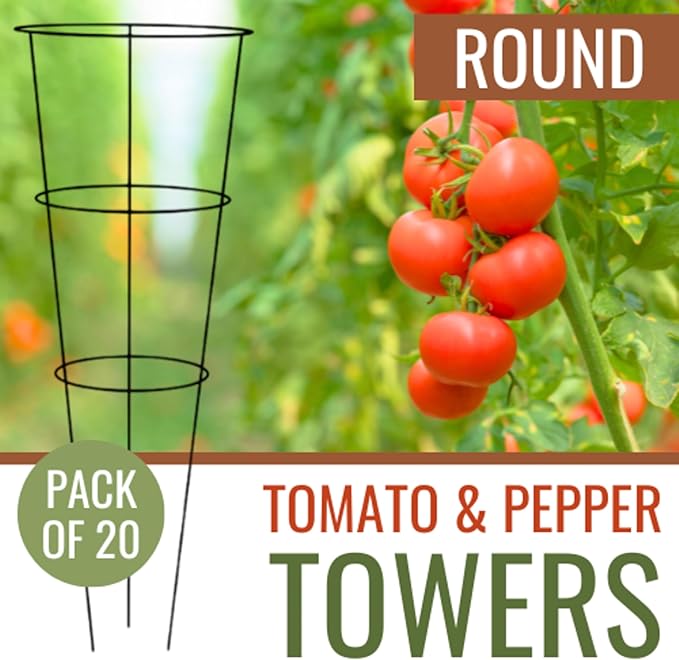 BestNest Panacea 89723 Round Tomato & Pepper Towers – Galvanized Steel Plant Cages, 33" H with 3 Rings & 3 Legs – 15" Stakes – Heavy-Duty Support for Outdoor Plants – 20 Pack