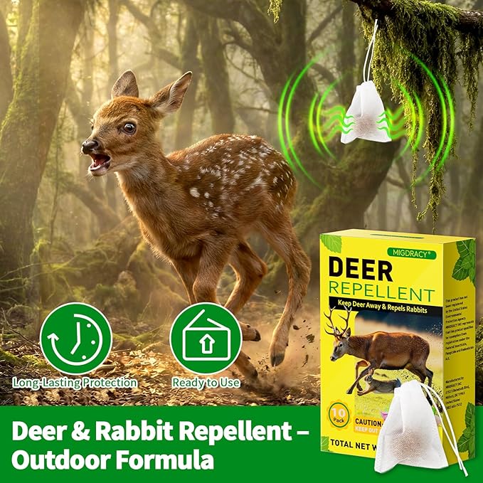 Deer & Rabbit Repellent Balls, 10 Pack Natural Plant-Based Formula with Peppermint & Garlic Oils, Long-Lasting Outdoor Animal Deterrent, Non-Woven Drawstring Pouches for Yard, Garden & Plants