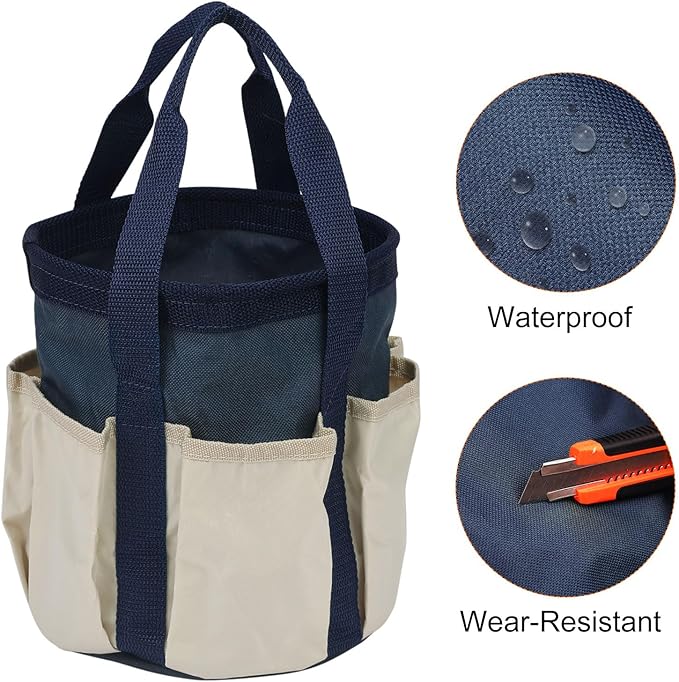 HARFINGTON Garden Tool Bag 7.5" x 8.3" Large Oxford Waterproof with Pockets Garden Tote Bag Gardening Plant Tool Organizer Storage Carrier Store for Outdoor Women Men, Dark Blue