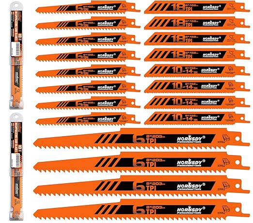 HORUSDY 20-Piece Reciprocating Saw Blades Set, 6 & 8 Inch Wood and Metal Cutting Blades with Storage Box, Multi-Size for Pruning, Wood, and Metal Cutting Tools
