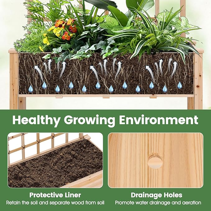 Giantex 65'' Wooden Raised Garden Bed w/Trellis on Wheels Set 2, Mobile Elevated Planter Box w/Legs, Liner & Drainage Holes for Climbing Plant Vegetable Herb Flower, Outdoor Garden Box, Backyard