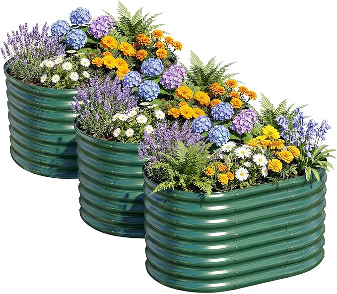 AHEONLAR 3Pack 3x2x2ft Galvanized Raised Garden Beds Outdoor, Oval Raised Beds for Gardening Metal Planter Boxes for Planting Vegetables, Fruit, Herb, Green
