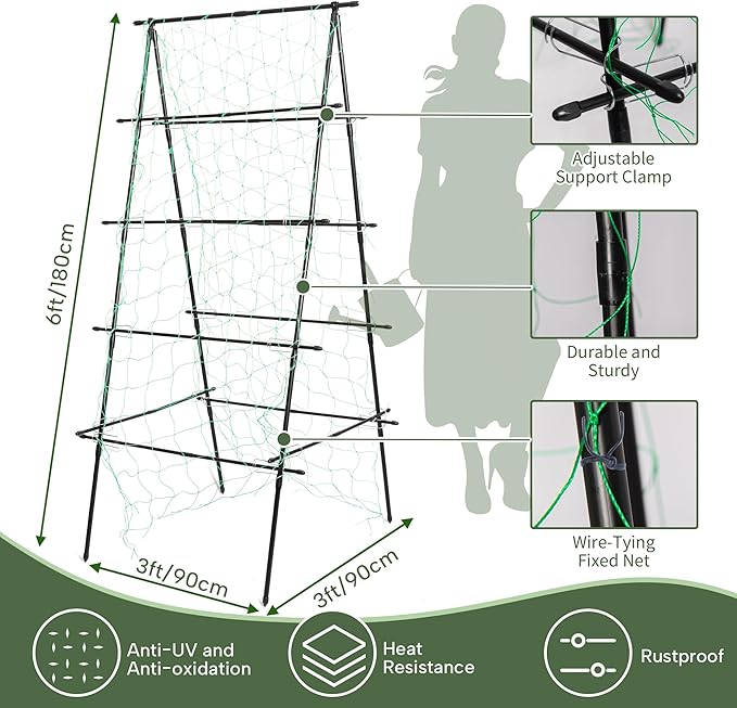 HPC Decor Cucumber Trellis for Raised Bed, 6 FT Tall Garden Trellis for Climbing Plant Outdoor, Metal A Frame Trellis with Climbing Net, Support for Vegetable, Grape, Tomato, Peas, Fruit, Vine.