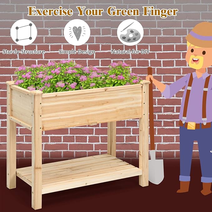 S AFSTAR Raised Garden Bed with Storage Shelf, Elevated Cedar Wood Planter Box with Legs, Outdoor Gardening Planting Bed for Vegetables Flower Herb Grow, Great for Backyard Patio Lawn