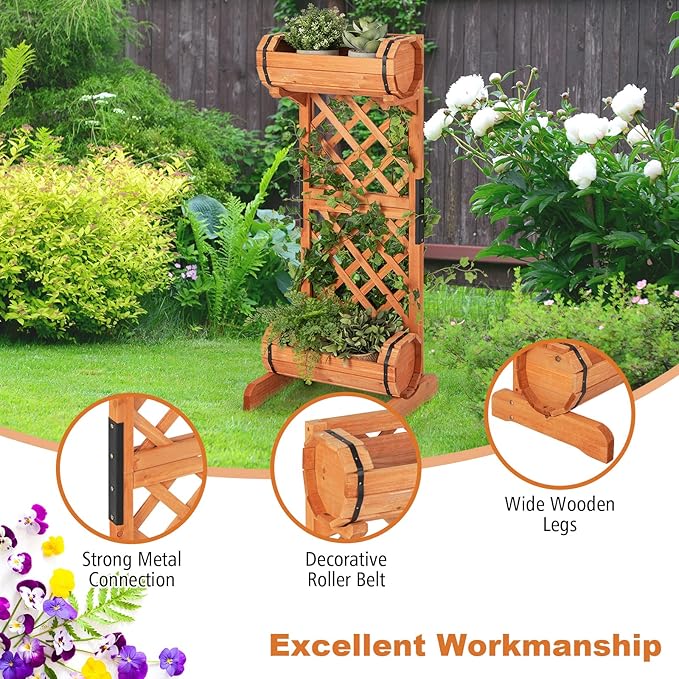 S AFSTAR Raised Garden Bed with Trellis, Outdoor Wood Garden Planter W/ 2-Tier Round Planter Box & Trellis for Vine Climbing Plants Growing, Vertical Plant Container for Garden Patio Balcony, Orange