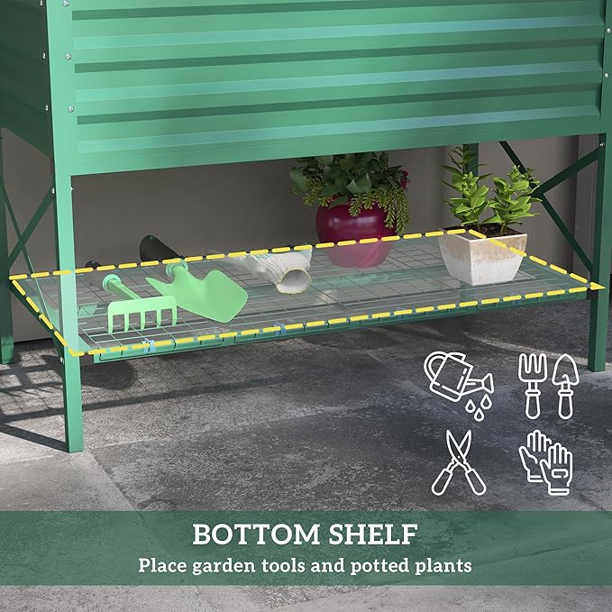 Outsunny Raised Garden Bed with Galvanized Steel Frame, Storage Shelf and Bed Liner, Elevated Planter Box with Legs for Vegetables, Flowers, Herbs, Green