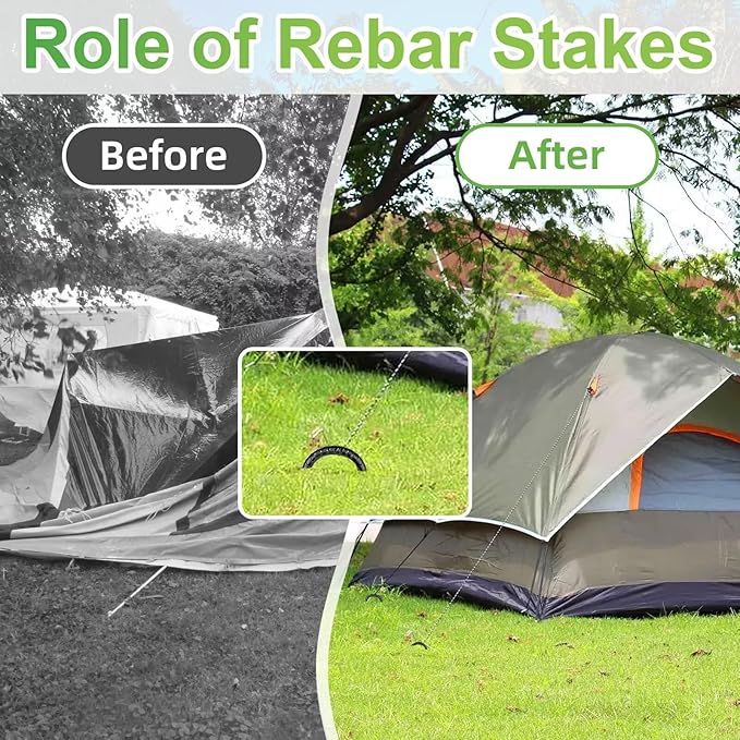 Black Rebar Stakes 12 inch (4pcs) - Heavy Duty 6mm Metal J Hook Ground Stakes,Galvanized Steel for Tent,Bounce House,Fence,Dog Coop,Artificial Turf,Outdoor Plants,Christmas & Holiday Decorations