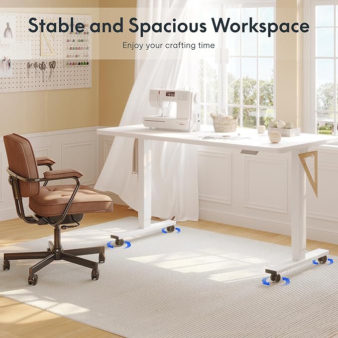 FLEXISPOT Electric Adjustable Workbench, 55x28 Inches Ergonomic Worktable with Drawer and Wheels for Garage, Workshop and Office, Spacious Desktop for Sewing and Crafts, White, 4 Packages