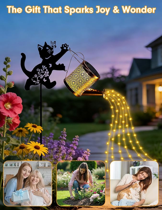 Solar Watering Can Lights with Cascading Light, Solar Lights Outdoor Garden Decor, IP65 Waterproof Hanging Lantern, Hanging Gardening Decor for Outside Patio Porch Yard (Cat)