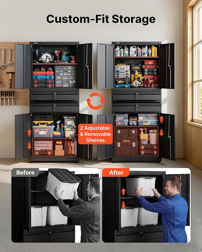 VEVOR Metal Storage Cabinet, 180 lbs Shelf Load Capacity, 70.87" Tall Garage Tool Storage Cabinet with 4 Locking Doors and Adjustable Shelves, 2 Drawers, for Garage, Home, Office, Utility Room, Black
