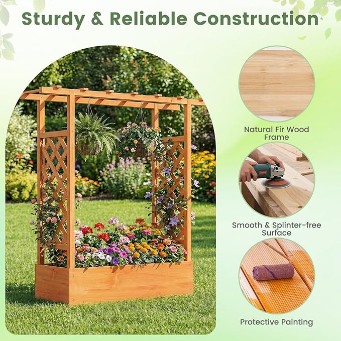 Raised Garden Bed with Trellis, Wood Planter Box w/Trellis, Hanging Roof, Drainage Holes, Freestanding Planter Raised Bed for Outdoor Climbing Plants Flowers, Patio Yard Balcony (1, Orange)
