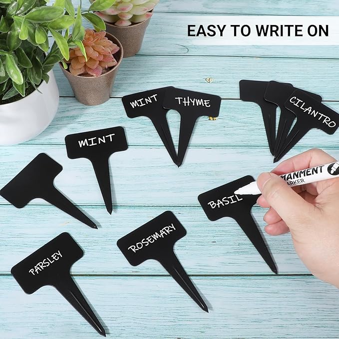Greaner T-Type Plant Name Tags, 4 Inch 100 PCS Garden Labels Markers for Outdoor Garden Waterproof, Plastic Plant Tags for Indoor Outdoor Pots with A Pen(Black)