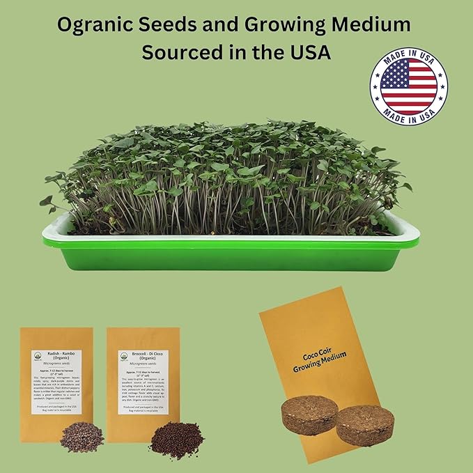 Complete Home Microgreens Kit - Organic Indoor Garden System - Includes 2 Sets of Reusable Trays, Premium Spray Mister, Coco Coir Growing Medium, 2 Packs Organic Seeds – Radish and Broccoli