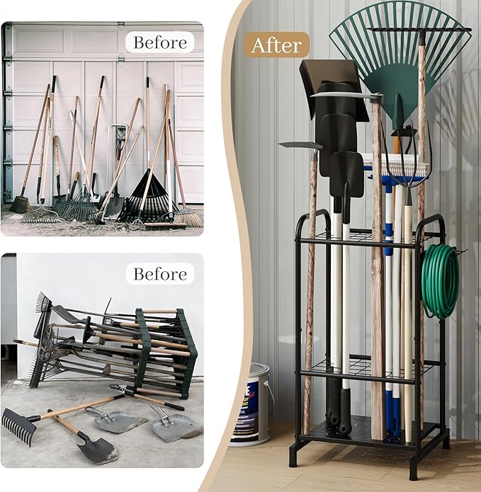 Garden Tool Organizer, Garage Tool Storage Rack, Heavy Duty Metal with Side Pegboard & Adjustable Hooks, Utility Racks for Shed, Patio & Outdoor Use