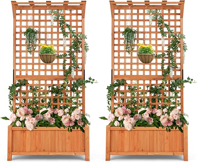 S AFSTAR Planter with Trellis Set of 2, 35.5x17.5x72.5 inch Wood Planter Box with Lattice Trellis & Hanging Roof, Removable Base, Plant Box for Climbing Plant Flower Rose Grape Cucumber