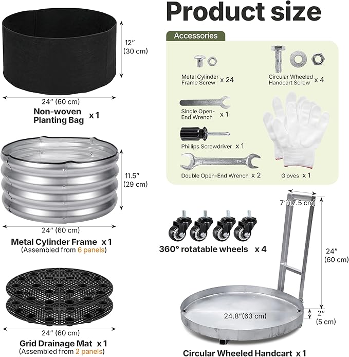 Galvanized Metal Raised Garden Bed Outdoor with Wheels, Planters Box for Outdoor Plants with Geotextile Grow Bag & Plastic Tray Pad, for Vegetables/Herbs/Flowers, 24" X 11.5"