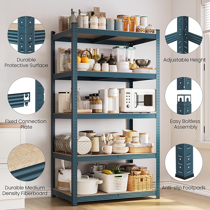 Yaheetech Storage Shelves, 5 Tier Heavy Duty Adjustable Metal Shelving Unit, Industrial Utility Rack for Garage Warehouse Pantry Closet (35.5 W x 16 D x 71 H Inches, Neptune Blue)