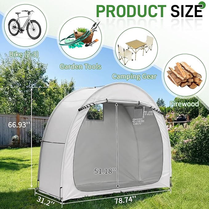 VINGLI Bike Storage Tent for 2-3 Bikes with Carry Bag, Portable Bicycle Storage Shed Waterproof with Window, Bike Tents for Motorcycle,Garden Tools,Lawn Mower (Light Grey, 6.8x2.6 FT)