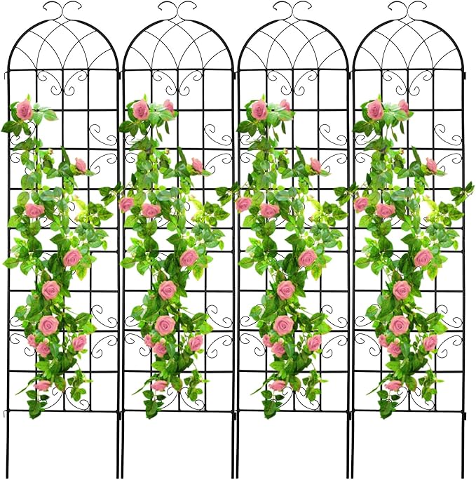 4 Pack 86.2x19.7in Metal Garden Trellis for Climbing Plants,Black Metal Garden Trellis for Vines Plant Rose Vegetable Support,Large Decorative Outdoor Trellis