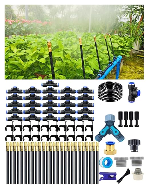 Drip Irrigation System, 360 Adjustable Mist Sprayer Nozzle, High Volume Water Flow Rotating Sprinkler Head for Garden,Patio,Potted Plants,Easy Install, Fine Misting to Jet Spray (100FT+26Nozzles)